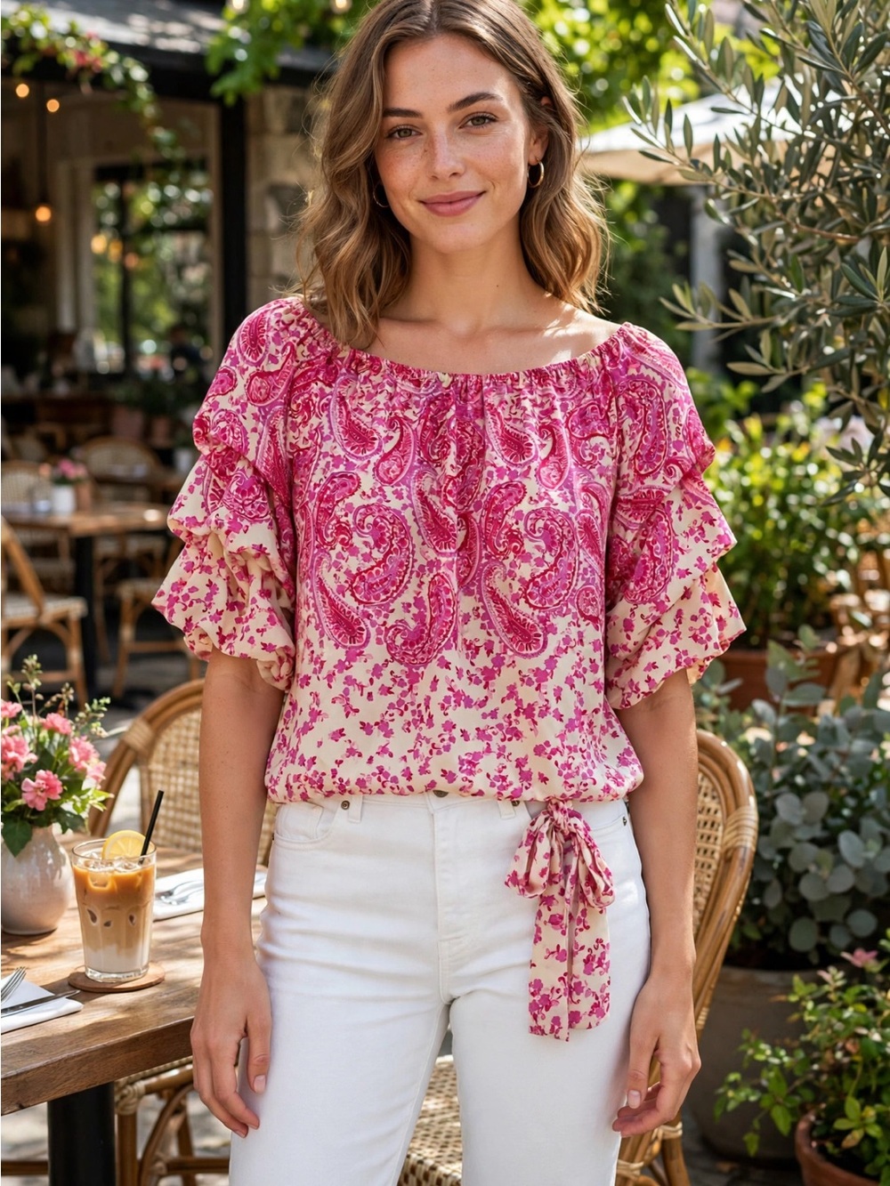 NWOT CeCe Cream and Pink Paisley Ruffle Tie-Hem Blouse Size S